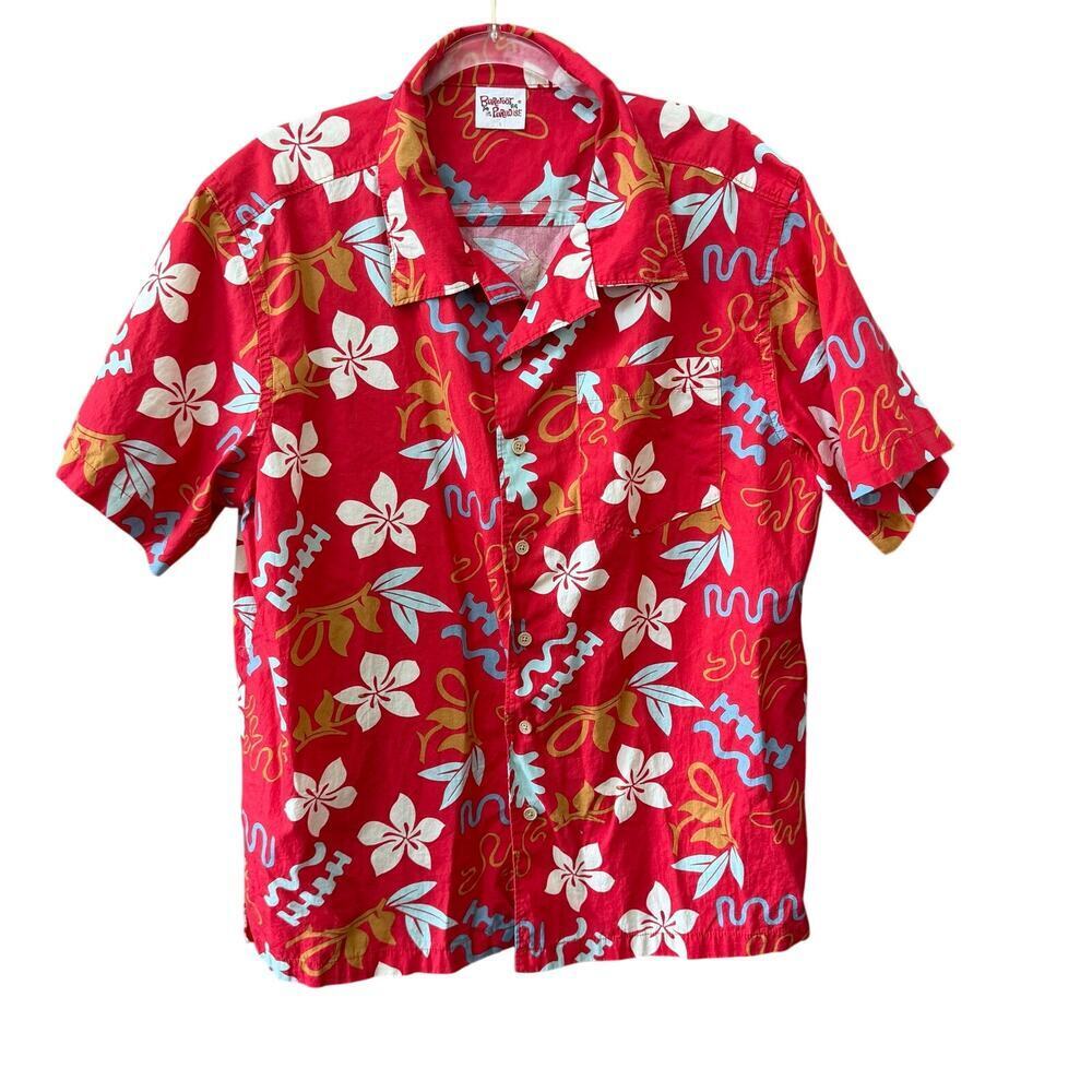 Barefoot In Paradise Sz Large Red Hawaiian Shirt Button Down Tropical Vintage